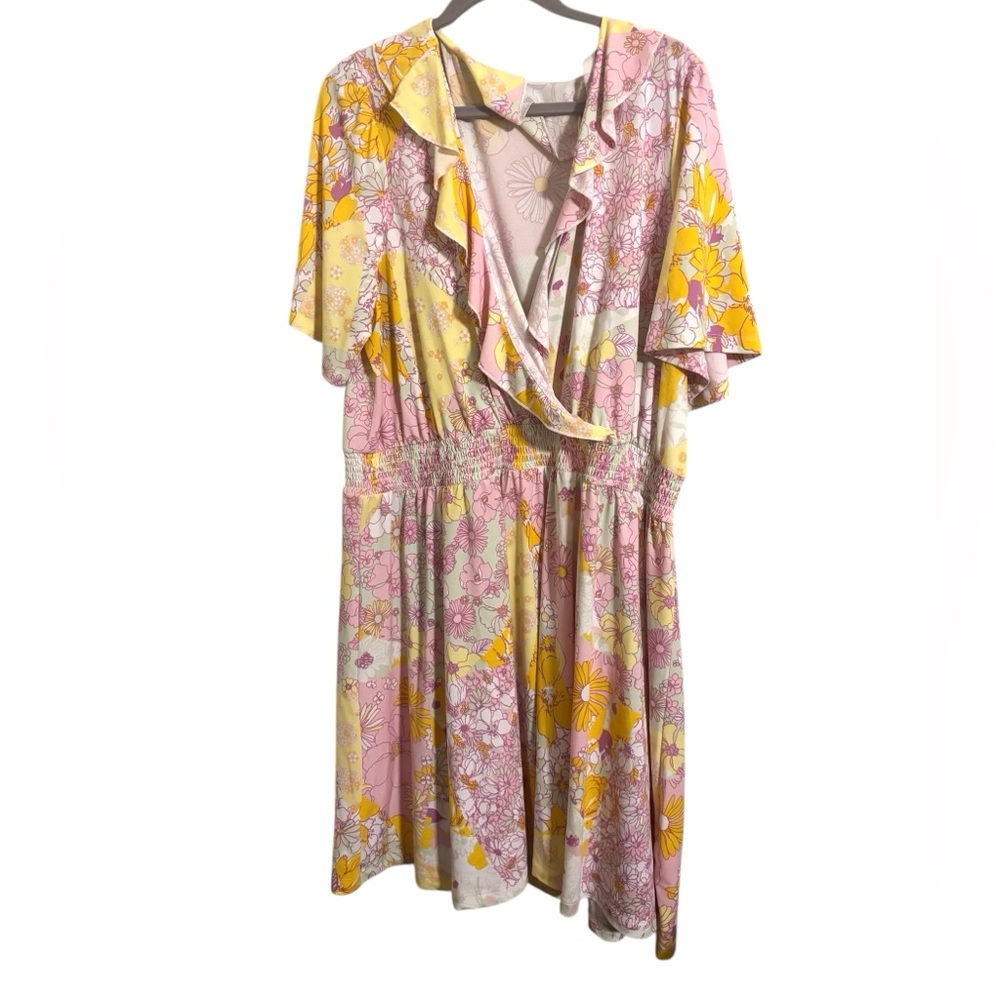 ModCloth Marvelous Flower Medley‎ Pink Yellow Surplice Dress 2X